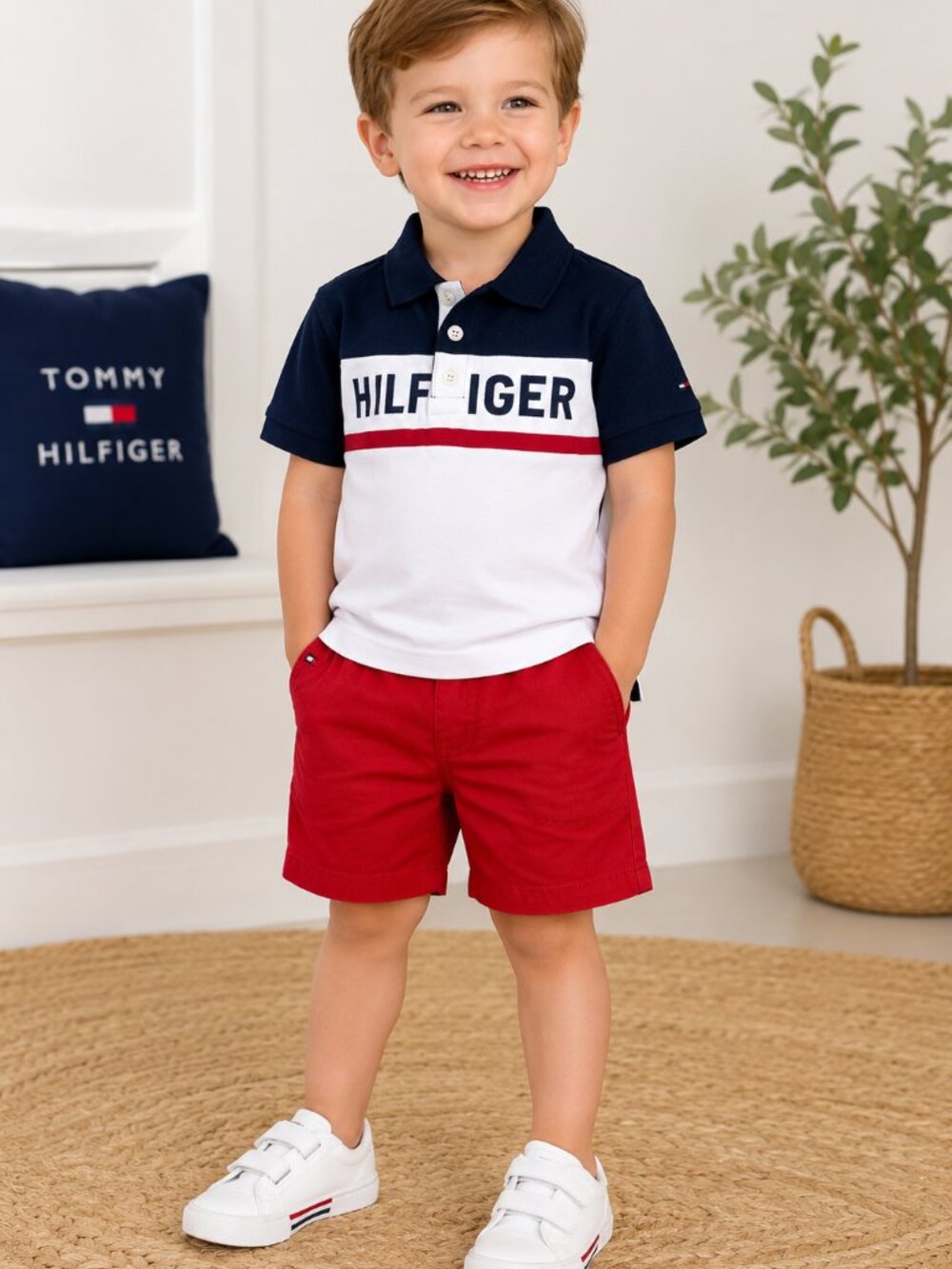 Tommy Hilfiger Boys 2 Piece Polo Shirt Shorts Set 3T Red White Blue NWT